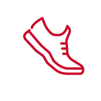 Red walking shoe with lines showing movement and speed