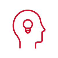 Red icon of a lightbulb in someones head