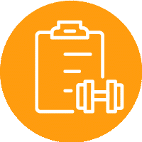 Icon of fitness plan checklist with weight dumbell - white on yellow background