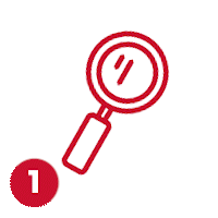red icon of a magnifying glass, with step 1