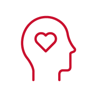 Red icon of a persons head with pulsing heart in their head