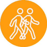 An icon of two walker - white on yellow background